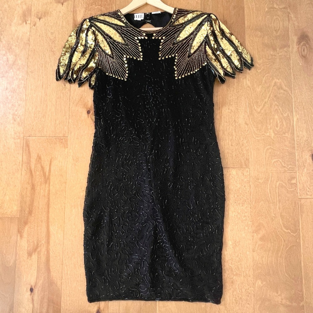 Vintage 80s Elite Black Gold Beaded Sequin Cocktail Dress Keyhole Back Size L